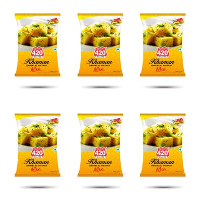 Agrawal's 420 Instant Khaman Mix | Authentic Gujarati Dhokla in 10 Minutes | Chana Dal Flour Based Soft & Spongy Snack | Pack of 6, 200G Each