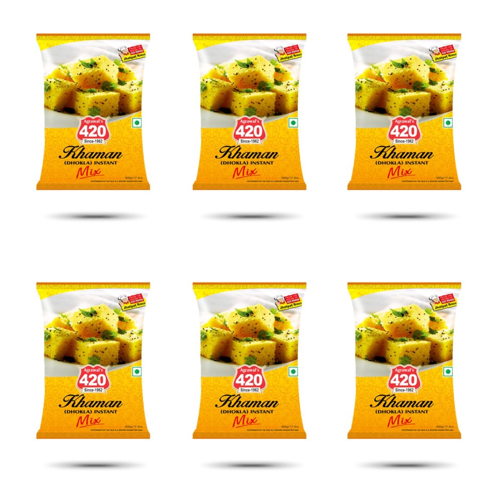 Agrawal's 420 Instant Khaman Mix | Authentic Gujarati Dhokla in 10 Minutes | Chana Dal Flour Based Soft & Spongy Snack | Pack of 6, 200G Each