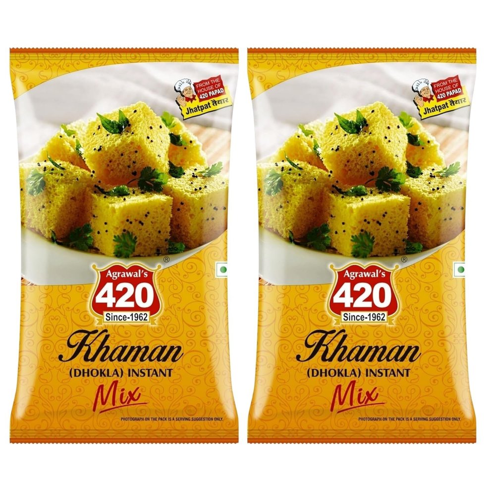 Agrawal's 420 Instant Khaman Mix | Authentic Gujarati Dhokla in 10 Minutes | Chana Dal Flour Based Soft & Spongy Snack | Pack of 2, 500G Each