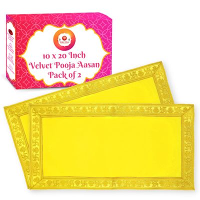 Bhakti Lehar (10 x 20 Inch) Plain Yellow Velvet Pooja Aasan for God Idol/Chowki Aasan Kapda Cloth for Temple Shelf Home Mandir, Ganesh Baithak and God Idol Sitting - Pack of 2