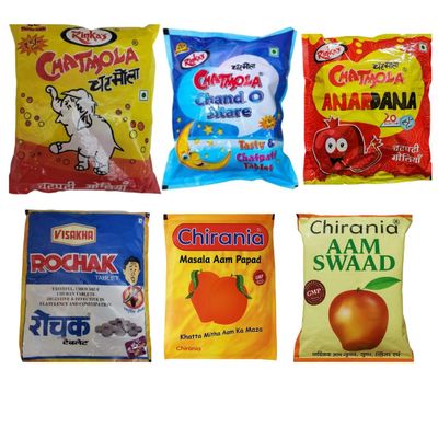 90s Kids Candy Chatmola- Anardana Goli - Rochak - Masala Aam Papad - Chand Sitare - Aam Swad (Combo Pack) - 10 Pcs Each Item - Helps With Acidity,Gas And Indigestion - Feel The Bachpan - Best for Kids, Adults, Senior Citizens