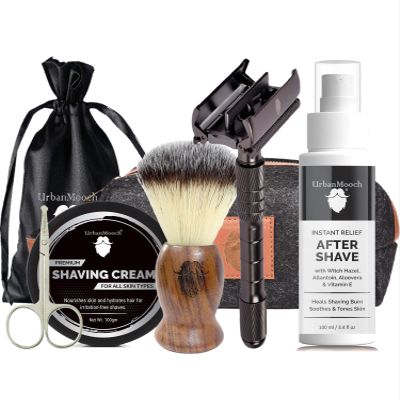 UrbanMooch 6-in-1 Premium Shaving Kit Complete Grooming Set or Shaving Kit for Men with Safety Razor, Brush, Shaving Cream, Aftershave, Scissors & Travel Bag