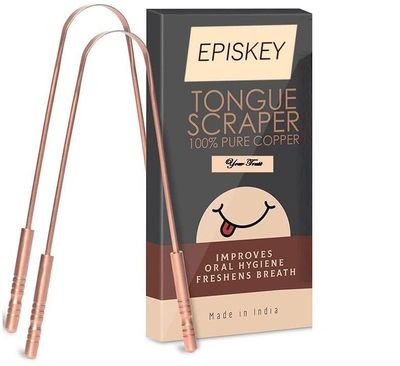 EPISKEY Ayurveda Copper Tongue Scraper Cleaner | Perfect Surgical Tongue Scraper | Best Remedy for Bad Breath | Maintains Oral Hygiene | Thick Safe Blunt Edges | Comfortable Grip (CPR_DBL_HNDL_2PCS)