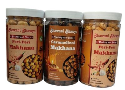 Bhawani Bhawya Roasted & Flavoured Makhana, Peri Peri masala & Caramelized makhana|combo jar| (pack of 3 ,80gm Each) Delicious Meets Nutritious | Gluten-Free| Superfood | Nutrient Rich|chatpata & Crunchy |Trans-Fat Free