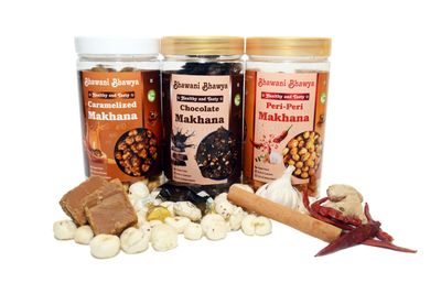 Bhawani Bhawya Roasted & Flavoured Makhana,Peri Peri & Caramelized & Chocolate Makhana|combo jar| (pack of 3 ,80gm Each) Delicious Meets Nutritious | Gluten-Free| Superfood | Nutrient Rich|chatpata & Crunchy |Trans-Fat Free