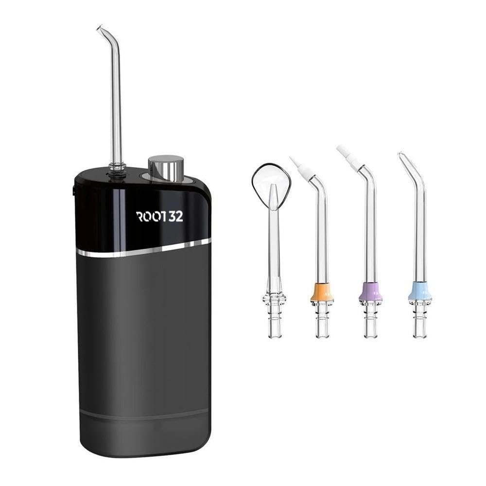 ROOT 32 Portable Water Flosser for Dental Care 3 Cleaning Modes, IPX7 Waterproof |Black, 4 Nozzles