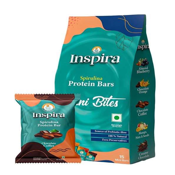 Inspira Mini Bites Chocolate Coffee Spirulina Powered Nutritional Bars | Pack of 15 x 12g | 1.52g Protein | 0.92g Dietary Fibre | No Artificial Sweeteners, Preservatives or Refined Sugar