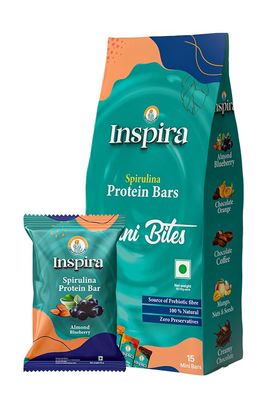 Inspira Mini Bites Almond Blueberry Spirulina Powered Nutritional Bars | Pack of 15 x 12g | 2.52g Protein | 1.26g Dietary Fibre | No Artificial Sweeteners, Preservatives or Refined Sugar