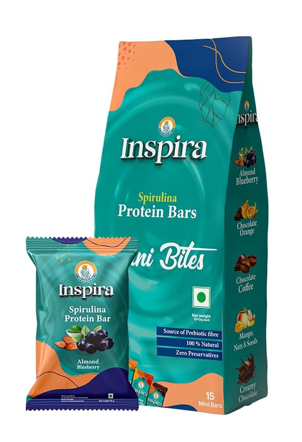 Inspira Mini Bites Almond Blueberry Spirulina Powered Nutritional Bars | Pack of 15 x 12g | 2.52g Protein | 1.26g Dietary Fibre | No Artificial Sweeteners, Preservatives or Refined Sugar