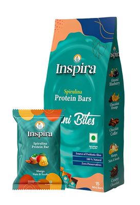 Inspira Mini Bites Mango Nuts & Seeds Spirulina Powered Nutritional Bars | Pack of 15 x 12g | 2.52g Protein | 1.26g Dietary Fibre | No Artificial Sweeteners, Preservatives or Refined Sugar