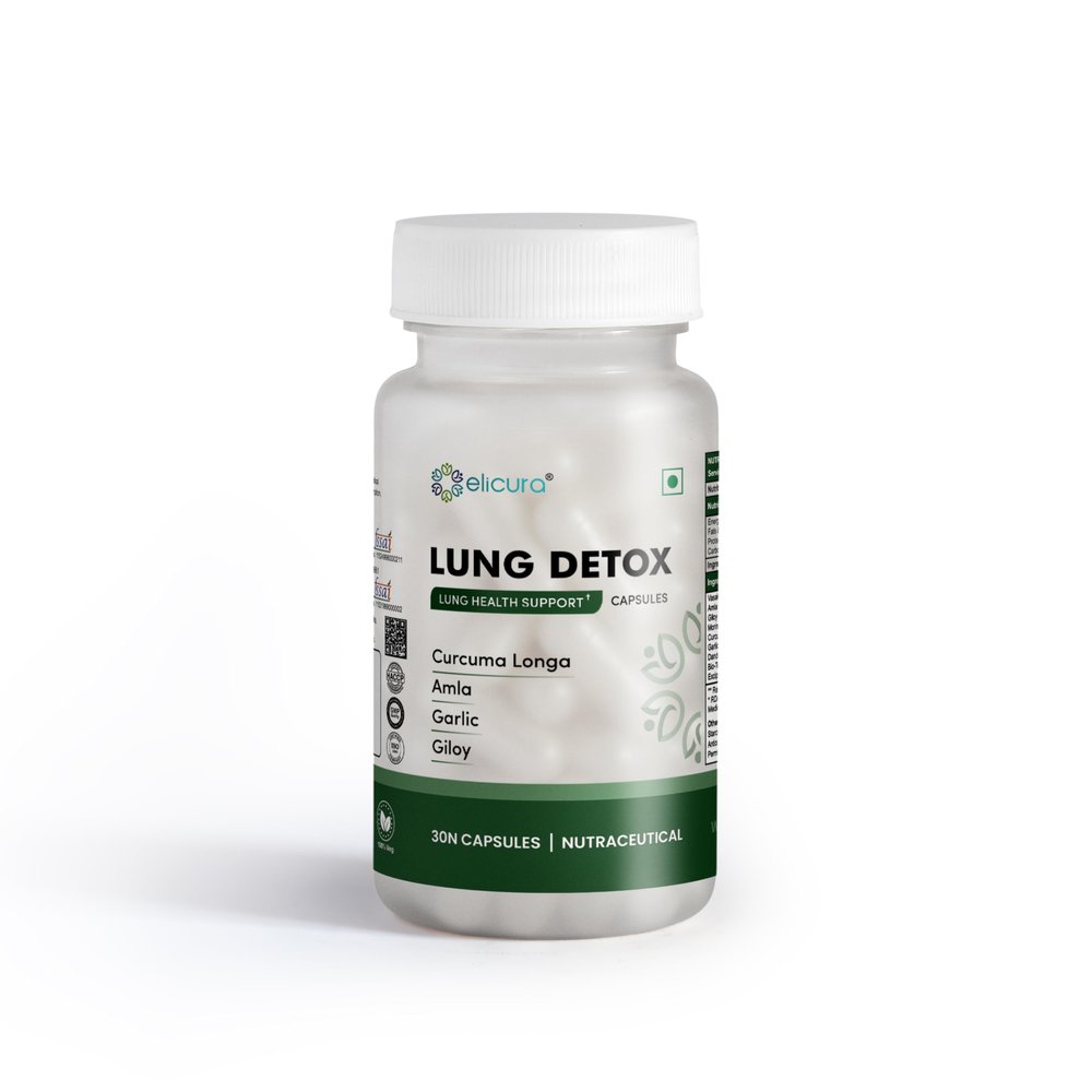 Elicura Lung Detox Supplement | Amla, Garlic, and Giloy | Plant-based formula for Lung Health, Respiratory Support, and Detoxification | Helps Cleanse Toxins, Boost Immunity, and Improve Breathing -30 Veg Capsules