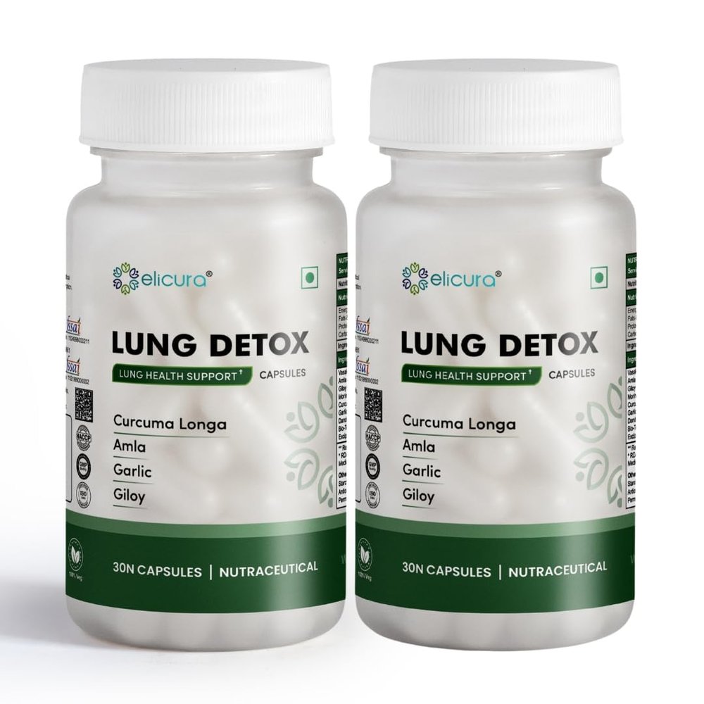 Elicura Lung Detox Supplement | Curcuma Longa, Amla, Garlic, and Giloy | Plant-based formula for Lung Health, Respiratory Support, and Detoxification | Helps Cleanse Toxins, Boost Immunity, and Improve Breathing -30 Veg Capsules