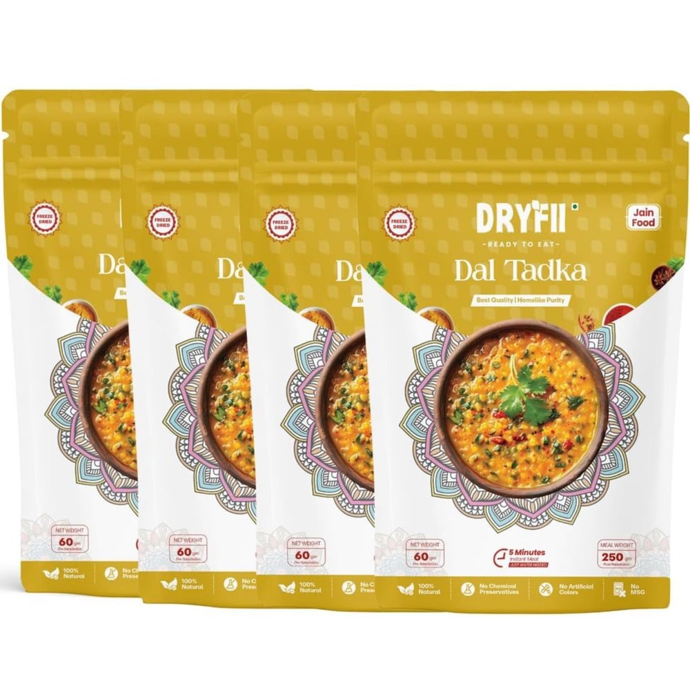 Dryfii Ready-to-Eat Instant Jain Dal Tadka | Pure Veg | Freeze Dried | No Onion, No Garlic | Rehydrated Weight 1000 g (Pack of 4)