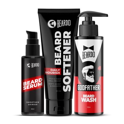Beard Serum 50ml,Beard Softener 50g & GodFather Beard Wash 100ml (Set of 3) | Ultimate Beard Growth & Softening Kit for Men - Beard Serum, Beard Conditioner, and Beard Shampoo for Nourished, Shiny & Healthy Beard - All-in-One Grooming Kit for Men