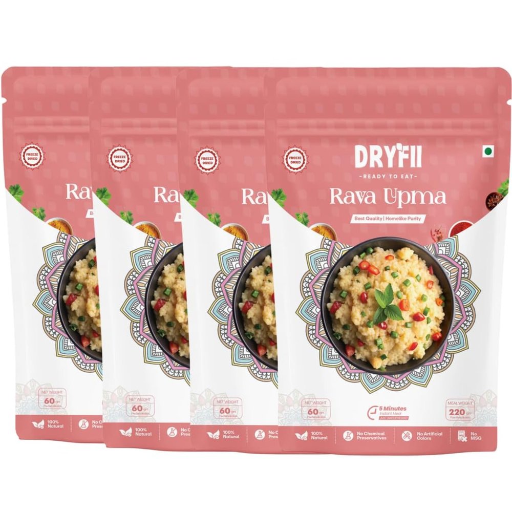Dryfii Ready-to-Eat Instant Jain Upma | Pure Veg | Freeze Dried | No Onion, No Garlic | Rehydrated Weight 880 g (Pack of 4)