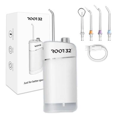 ROOT 32 Portable Water Flosser for Dental Care 3 Cleaning Modes, IPX7 Waterproof |White, 4 Nozzles