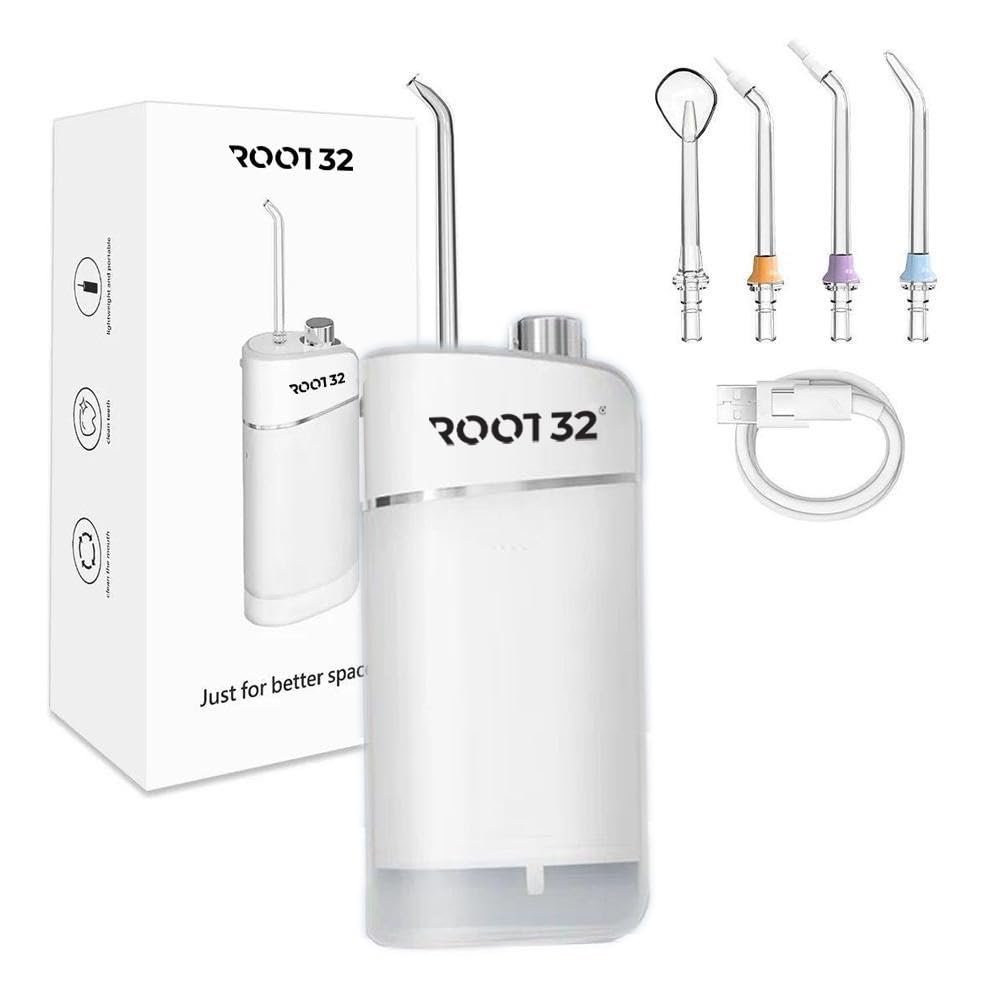 ROOT 32 Portable Water Flosser for Dental Care 3 Cleaning Modes, IPX7 Waterproof |White, 4 Nozzles
