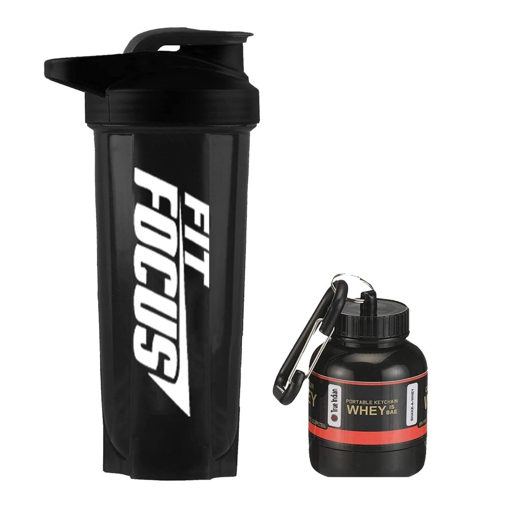 Fit Focus Sports Gym Shaker with WHEY Container Bottle|Shaker Bottle|Gym Shaker|100% Leak-Proof Guarantee Protein Shaker|30G Whey Container|700 ML Shaker Bottle for PRE Workout|BPA Free (Black)