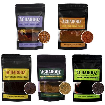 Acharooz Homemade Pickles Trial Pack (5 Sachets, 100g Each) | Haldi Adrak, Amla Chunda, Spicy Tangy Garlic, Tangy Lemon, Spicy Lemon Chilli Pickle