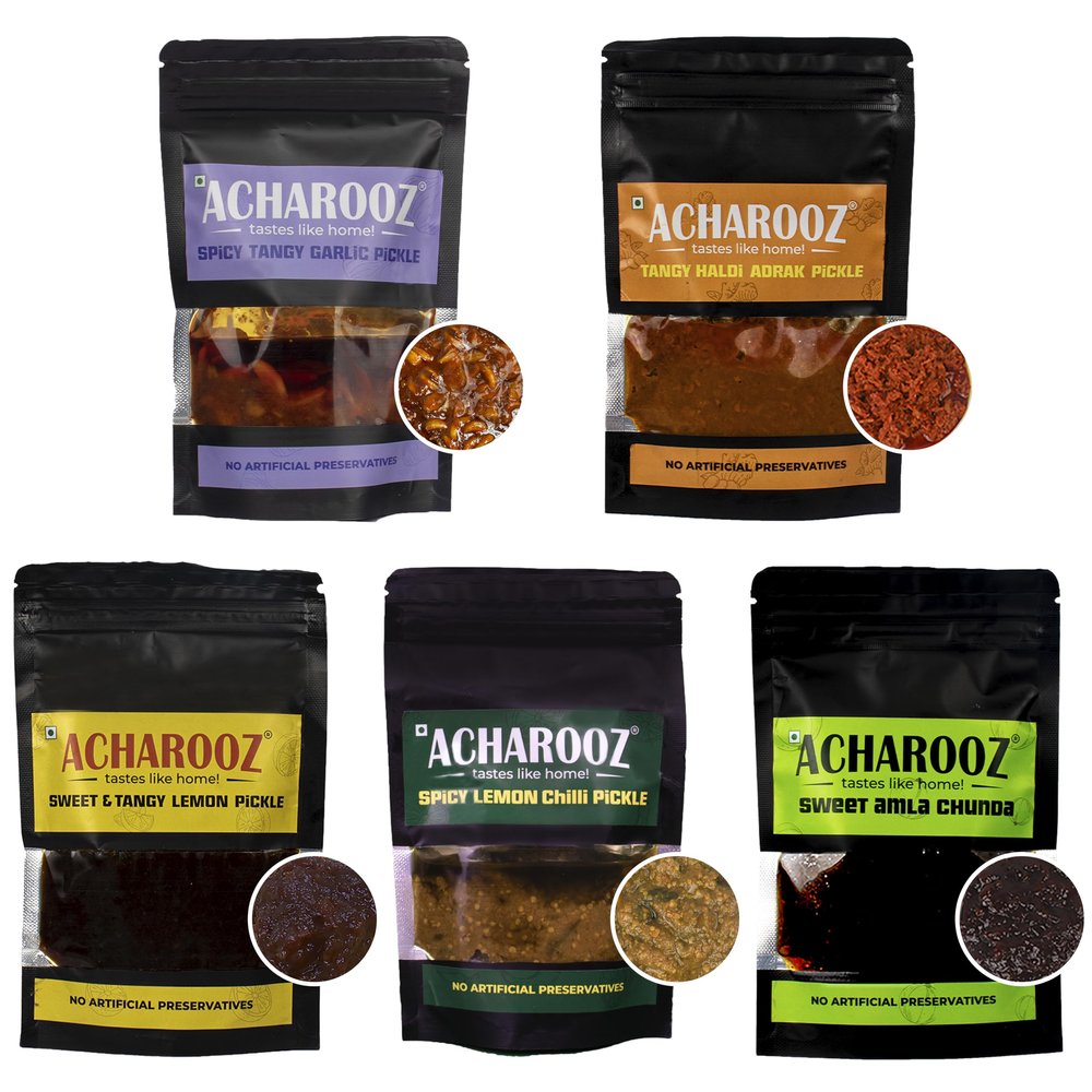Acharooz Homemade Pickles Trial Pack (5 Sachets, 100g Each) | Haldi Adrak, Amla Chunda, Spicy Tangy Garlic, Tangy Lemon, Spicy Lemon Chilli Pickle