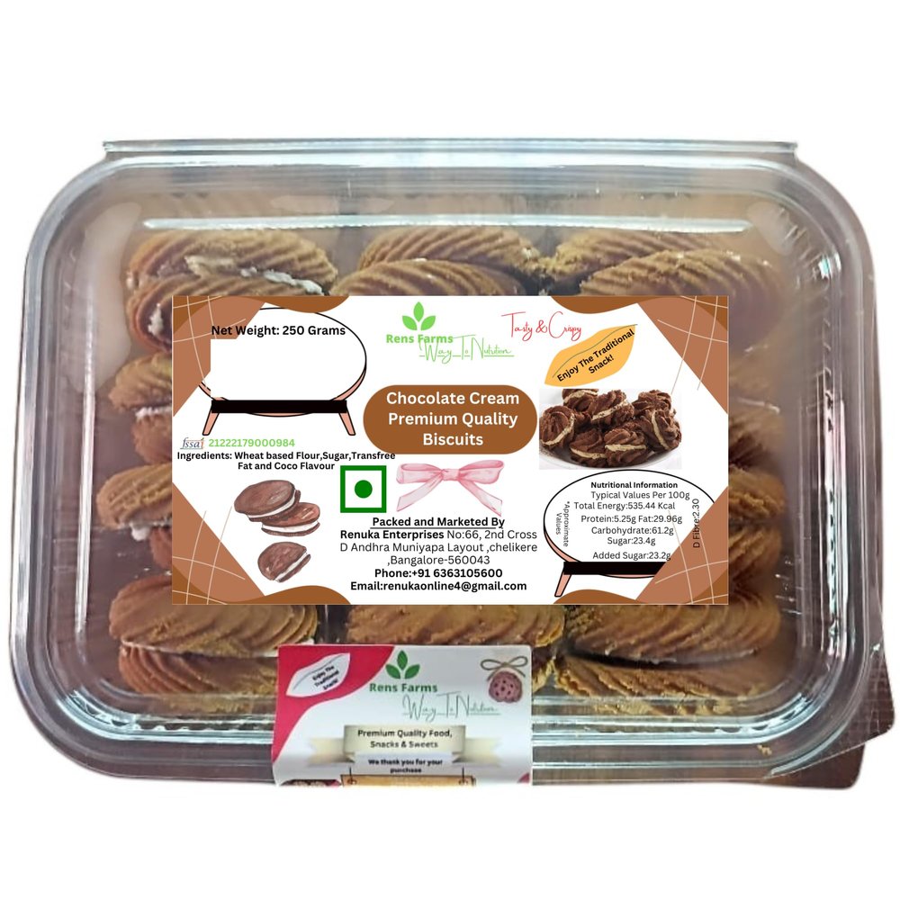 Rens Farms Baked Delight Hand-Rolled Chocolate Cream Cookies | Premium Artisanal Cookies | No Preservatives | Freshly Baked | Crunchy & Chewy |Classic chocolate Cream premium Cookie Treat (250g) (Pack of 1)