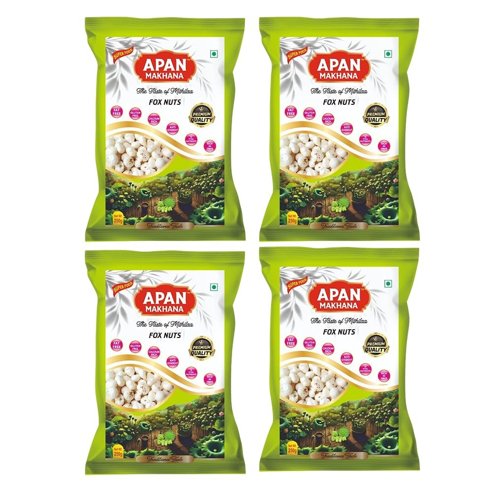 Apan Makhana - The Taste of Mithilaa Foxnuts - 1 KG | Makhana | Hand Picked | Gluten Free, Calcium Rich & High in Fiber | Healthy Snack | Nutrient-Rich Healthy Dry Fruit | Pack of 4x250 Gram Each