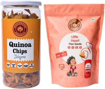 Dhanigreens Organics Snacks 250gm (Quinoa Chips Jalapeno Flavour 150g + Sweet Little Heart Snacks with Flax Seeds 100g), Natural Ingredients Snacks, Gluten-Free, Cholesterol Free, Transfat Free