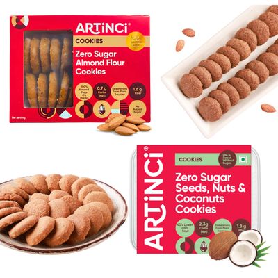 Artinci Keto Sugar Free Almond & Coconut Cookies Combo (185gm X 2), As Seen on Shark Tank India, No Maida, Digestive Biscuits, Low GI & Carbs, Healthy and Nutritious Snacks For Adults & Kids
