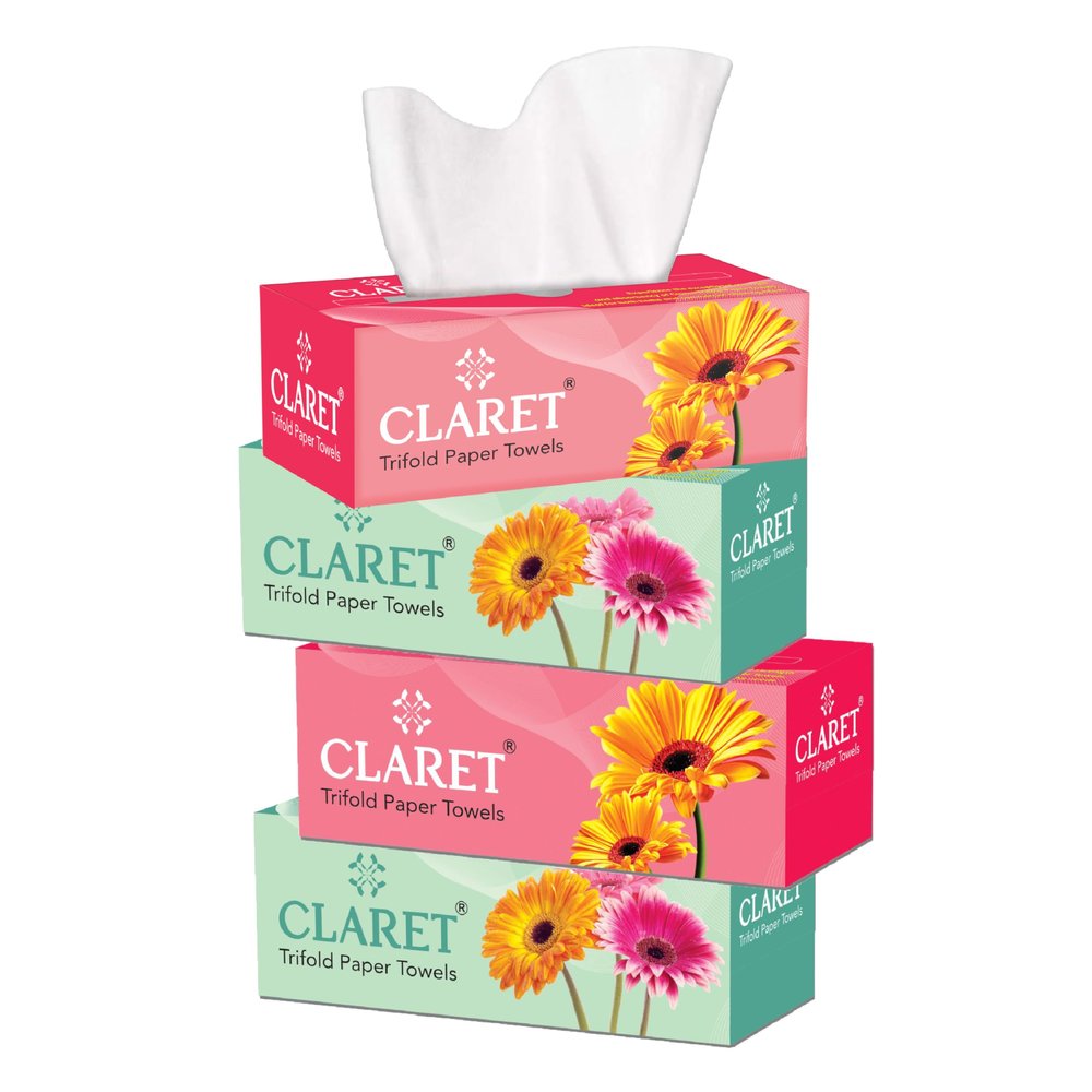 Claret 100 Pulls Trifold Tissues | 1-Ply, 21x21 cm | 100% Virgin Pulp | Soft, Absorbent, Eco-Friendly & Gentle on Sensitive Skin | Sustainable & Durable | Pack of 4