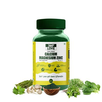 360 Love Plant-Based Calcium Magnesium Zinc Supplement with Vitamin D3 & K2-7 | Bone & Joint Support | 60 Vegetarian Capsules | Daily Nutritional Support | With Essential Minerals & Vitamins