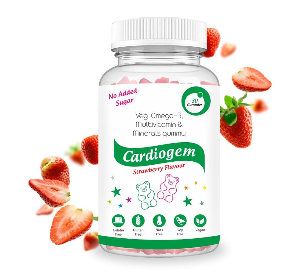 Aesthetic Cardiogem Veg.Omega-3 Heart & Brain Gummies For Kids, Men & Women |With Multivitamin & Minerals | No Added Sugar | Flavour Strawberry