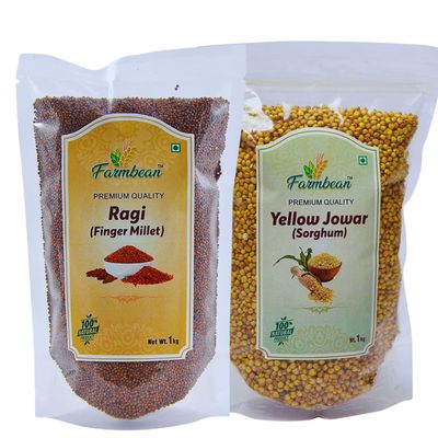 Farmbean Millets Combo 2 Kg Pack of 2 | Natural Grains | Yellow Jowar 1 Kg, Ragi 1 Kg