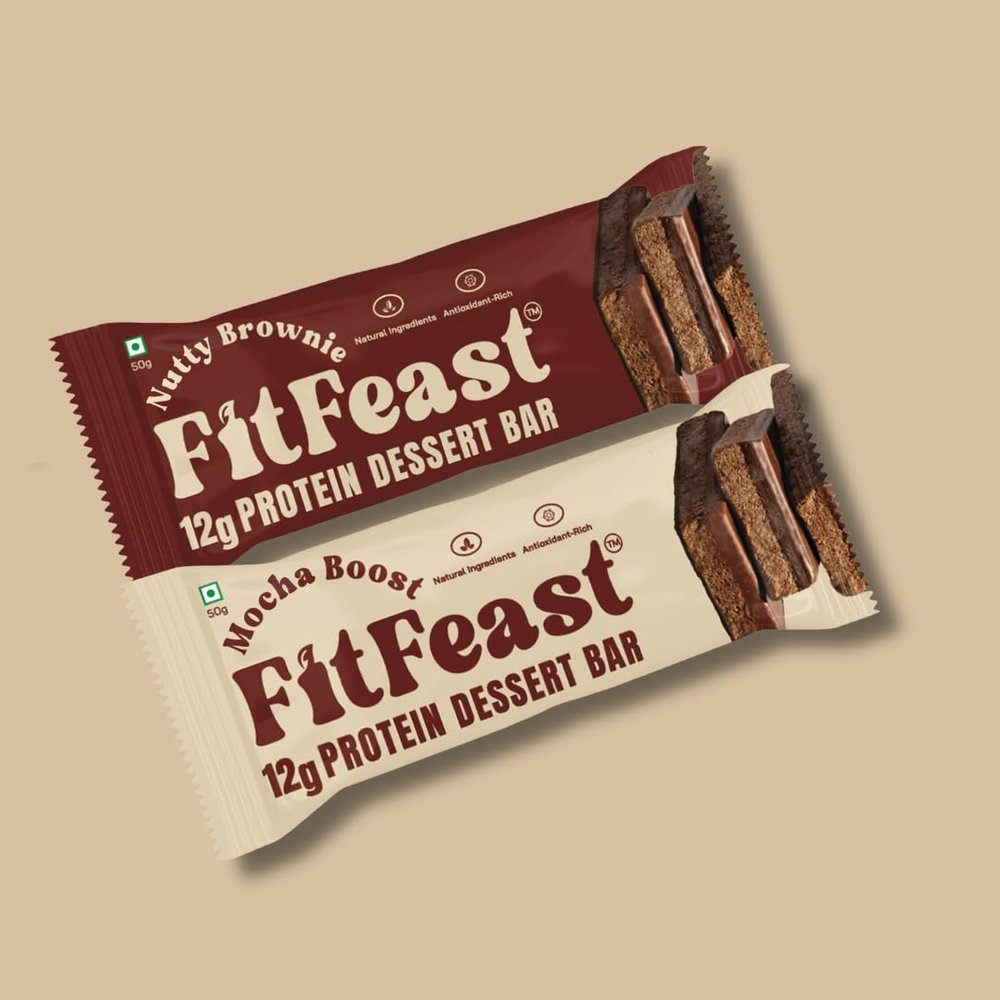 FitFeast Dessert Protein Bar Variety Pack of 6 | 3 x Mocha Boost and 3 x Nutty Brownie | 12g Protein Bar without Added Sugar & No Artificial Preservatives | 50g Bar | As Seen on Shark Tank