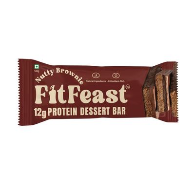 FitFeast Nutty Brownie Dessert Protein Bar, Pack of 6 | 12g Protein per Serve | Blended of Chocolate and Nuts Falvour | Zero Added Sugar & No Artificial Preservatives | No Cholestrol and No Trans Fats | As Seen on Shark Tank