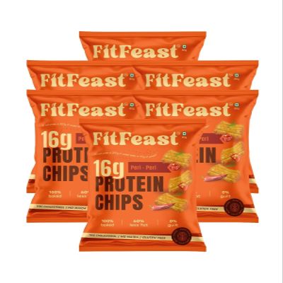 FitFeast Protein Chips - Peri Peri Flavour | Pack of 6-60 g Each | 16g Plant Protein Per Pack | Baked Chips, Not Fried | Multigrain Protein Snacks | As Seen on Shark Tank