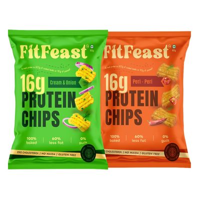 FitFeast Protein Chips - Variety Pack of 6 | 3 x Peri Peri and 3 x Cream and Onion | 60 g Per Serve | 16g Plant Protein Per Pack | Baked Chips, Not Fried | Multigrain Protein Snacks | As Seen on Shark Tank