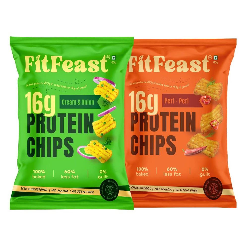 FitFeast Protein Chips - Variety Pack of 6 | 3 x Peri Peri and 3 x Cream and Onion | 60 g Per Serve | 16g Plant Protein Per Pack | Baked Chips, Not Fried | Multigrain Protein Snacks | As Seen on Shark Tank