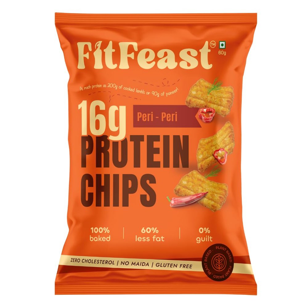 FitFeast Peri Peri Protein Chips | 60g Each | 16g Plant Protein Per Pack | Pack of 18 | As Seen on Shark Tank