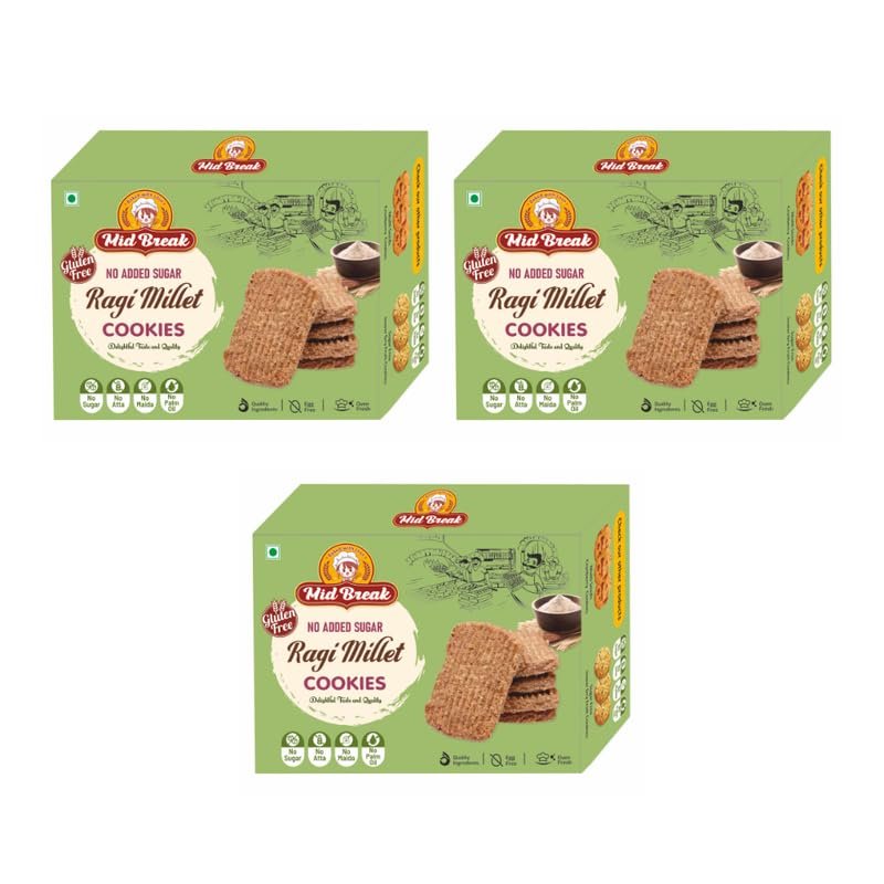 Midbreak No Added Sugar Ragi Atta (Finger Millet) Cookies - 200gm (Pack Of 3) | Gluten-Free & Healthy Biscuits | Tasty Butter Biscuits | Healthy, Nutritious, and Delicious