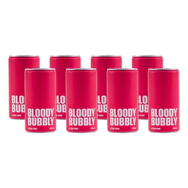 BLOODY BUBBLY LITCHI SODA | Naturally Flavoured Soda | 44 Cal Per Can | No Added Artificial Flavours, Colours & Preservatives (250ml Each_Pack of 8)