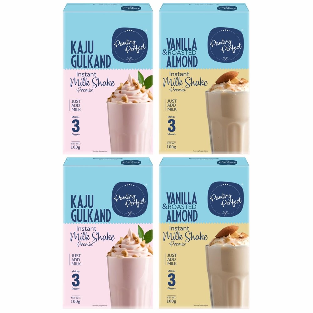 Pantry Perfect Kaju Gulkand & Vanilla & Roasted Almond Milkshake Premix - Pack of 4 (Each 100g) I Instant Drink Mix I Make Thick & Smooth Texture Milkshakes I Milkshake Powder