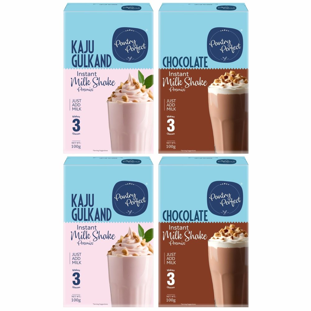 Pantry Perfect Kaju Gulkand & Chocolate Milkshake Premix - Pack of 4 (Each 100g) I Suitable For Making Thick & Smooth Texture Milkshakes I Real Taste I Vegan