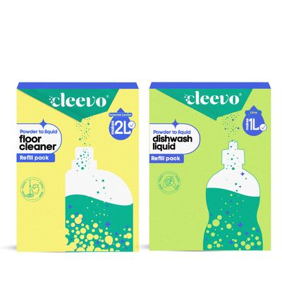 Cleevo Smart Refill Pack  Dishwash Gel (1L) + Floor Cleaner (2L) | Plant-Based Organic Dish wash for Oil Stains & Burnt Residues, Floor Cleaner for Mops, Tiles & Hard Surfaces | Pet & Child Safe