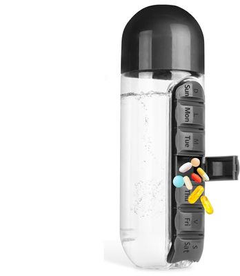 Aakarit Polycarbonate Water Bottle Portable Pill Insertion Organizer Water Bottle with Built-In Daily Vitamin Holder Supplement Organizer Case 7 Compartments | Multi-coloured | 600 ML