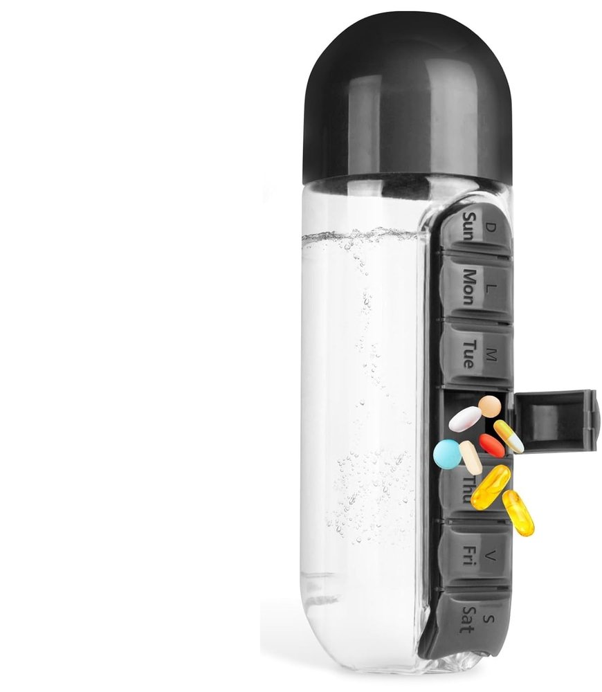 Aakarit Polycarbonate Water Bottle Portable Pill Insertion Organizer Water Bottle with Built-In Daily Vitamin Holder Supplement Organizer Case 7 Compartments | Multi-coloured | 600 ML