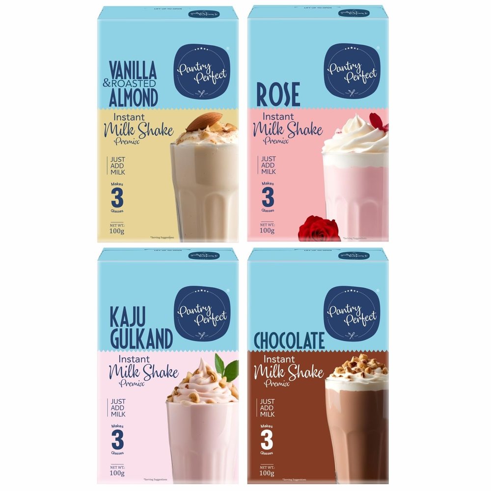 Pantry Perfect Vanilla & Roasted Almond, Rose, Kaju Gulkand & Chocolate Milkshake Premix - Pack of 4 (Each 100g) I Instant Drink Mix I Make Thick & Smooth Texture
