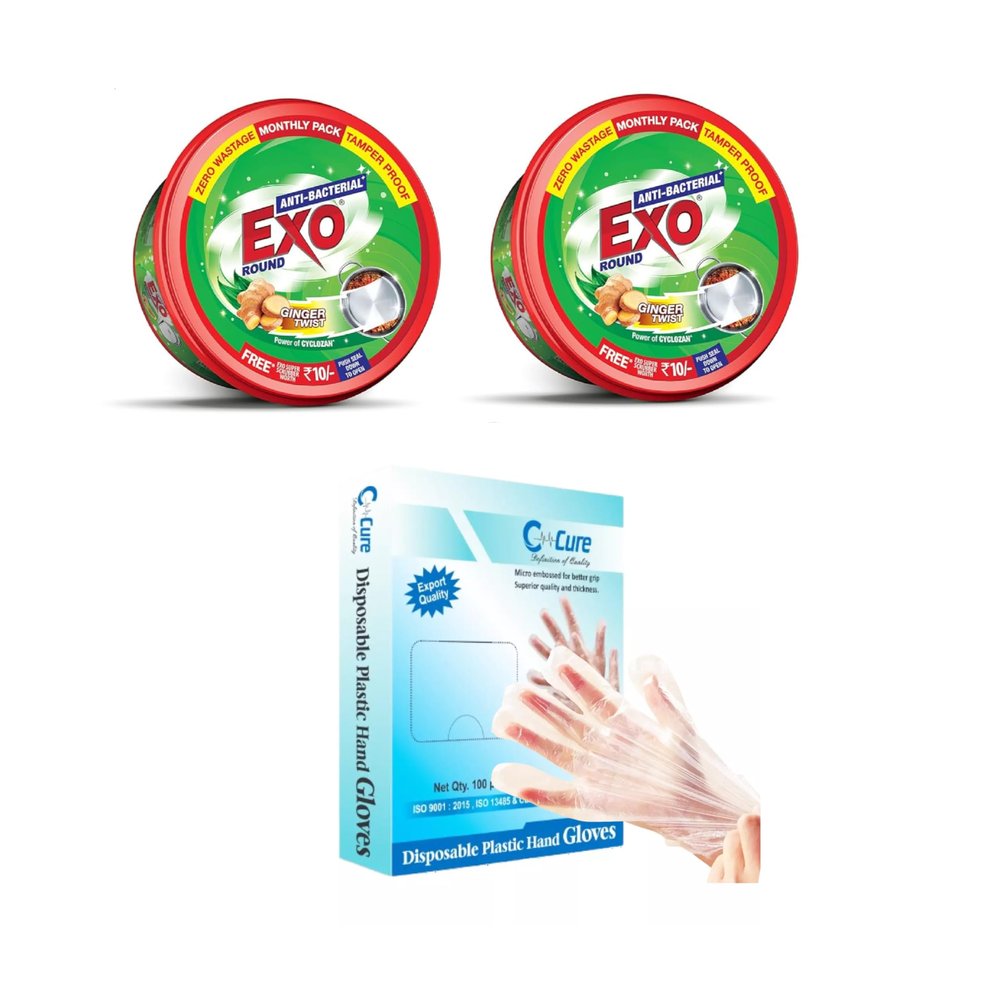 Exo Round Dishwash Bar 250G Set Of 2 With Exo Super Scrubber Free Complete Dishwashing Solution & Multipurpose Disposable Hand Gloves | For Gardening,Cleaning And Public Areas (100Pcs)