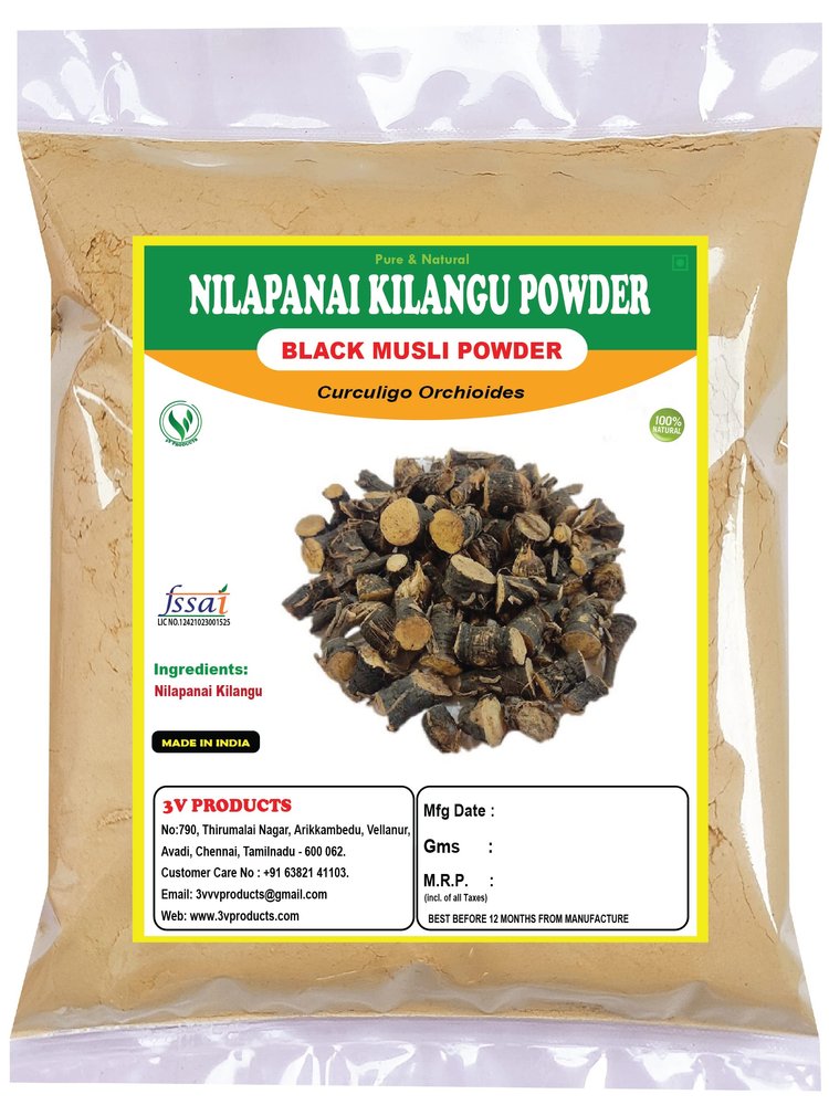 3V PRODUCTS Nilapanai Kilangu Powder 25g | Black Musli | Kali Musli | Curculigo Orchioides