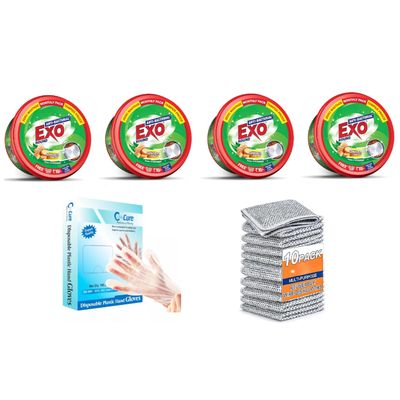 Exo Round Dishwash Bar 250G X 4 With Exo Super Scrubber Free Complete Dishwashing Solution & Multipurpose Disposable Hand Gloves (100Pcs) & Kitchen Dishwash Scrubber (10Pcs)