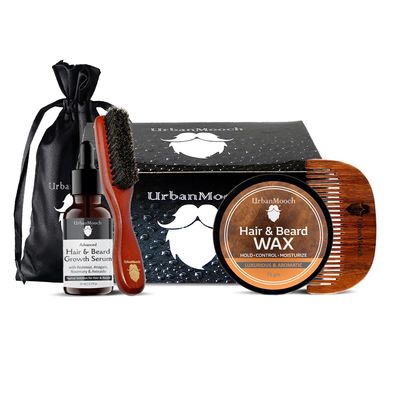 UrbanMooch 4 in 1 Beard Care Kit for Men | Gifts for Boyfriend, Husband | Beard Wax, Beard Growth Serum, Boar Bristle Beard Brush, Wooden Beard Comb | Ultimate Grooming Kit For Men